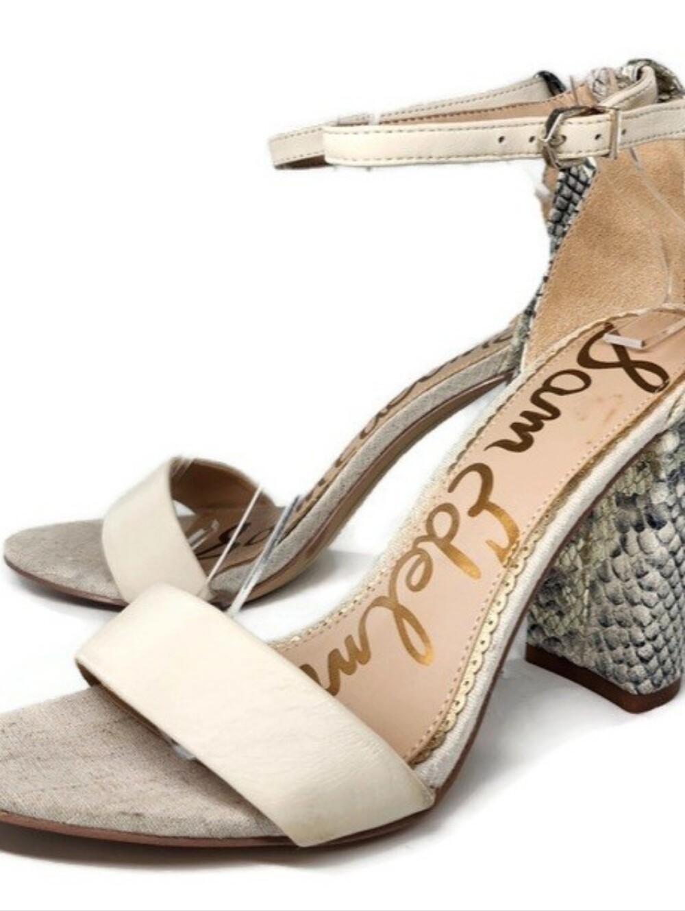 Sam Edelman Yaro Linen Black Grey Gold Shimmer Leather Snake High Heel Sandals - Picture 2 of 14